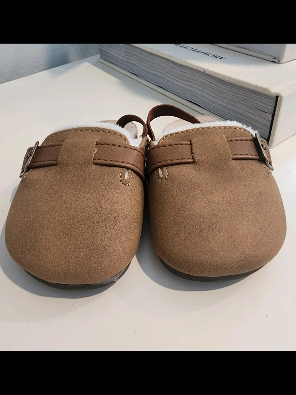 Old Navy Brown Faux-Suede Kids Slip-On Clogs with Buckle and Faux Fur Trim